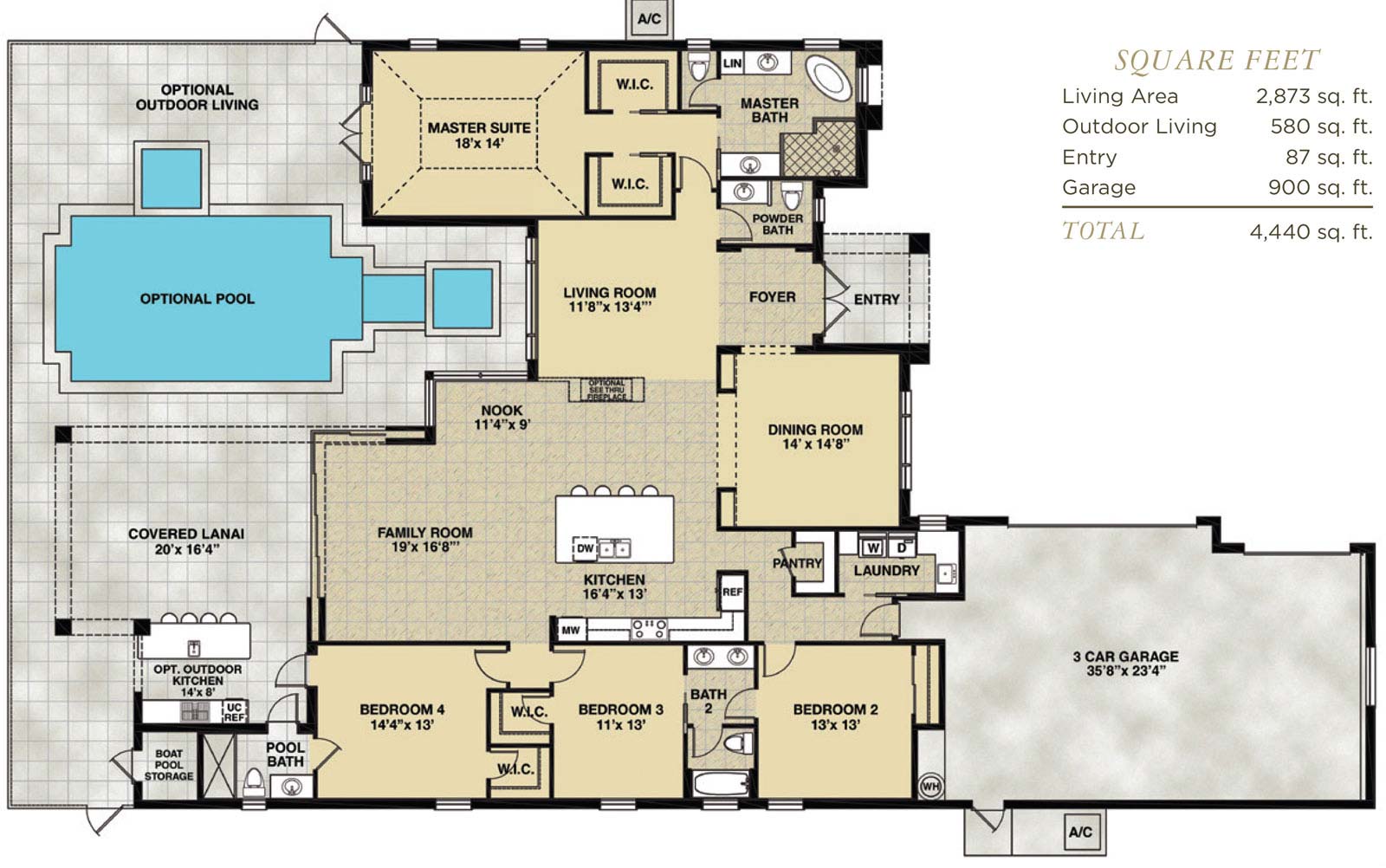 Amelia Floor Plan in Hidden Harbor Estates, Fort Myers, Stock Construction, Four Bedroom, Three and One Half Bath, Living Room, Dining Room, Family Room, Outdoor Living, 3-Car Garage